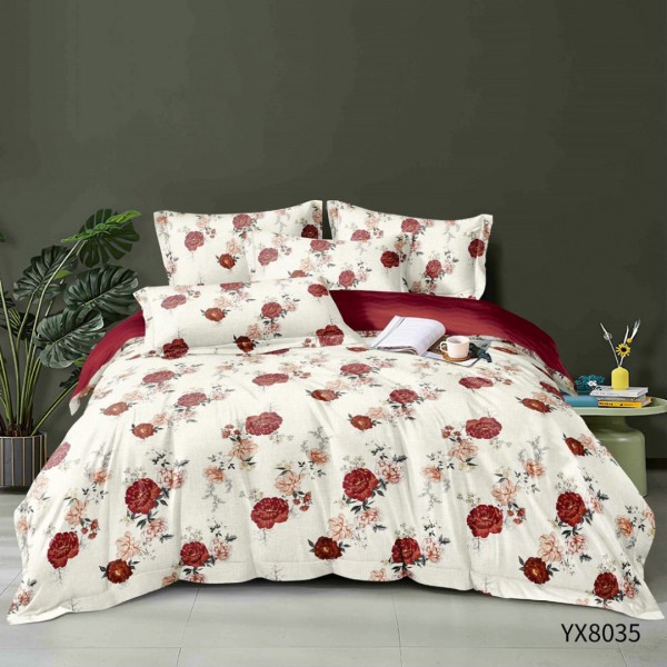 Lenjerie pat 140x200cm,  FINET, cu elastic, 4 piese, Crem, Roșu, Trandafiri [1]