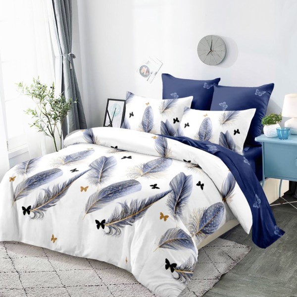 Lenjerie Pat Dublu (140x200cm, 160x200cm, 180x200cm), FINET, 6 piese, Alb, Albastru, Pene [1]