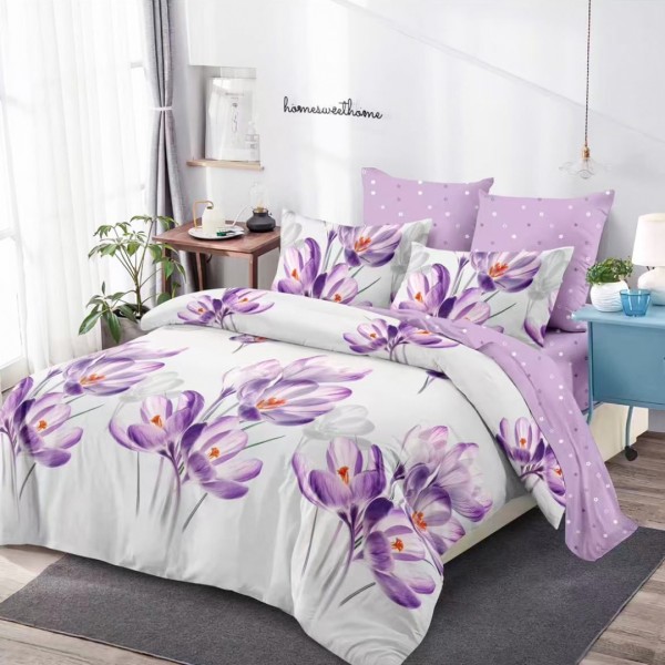 Lenjerie pat dublu (160x200cm, 180x200cm), FINET, cu Elastic, 6 piese, Gri, Lila, Stanjenei [1]