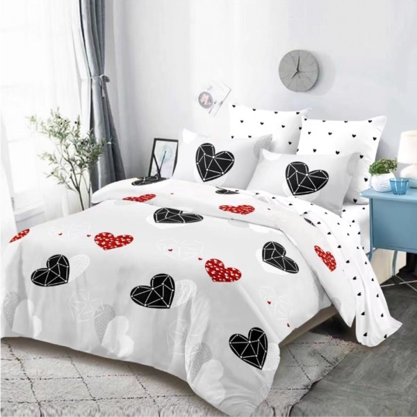 Lenjerie pat dublu (160x200cm, 180x200cm), FINET, cu Elastic, 6 piese, Gri, Inimioare [1]
