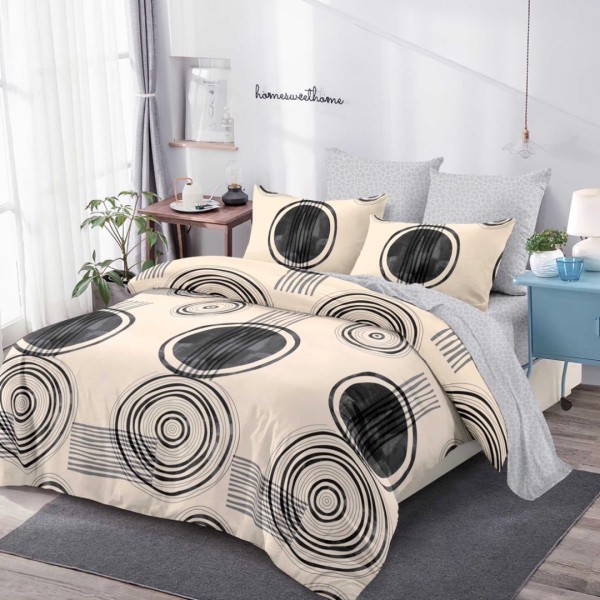 Lenjerie Pat Dublu (140x200cm, 160x200cm, 180x200cm), FINET, 6 piese, Bej, Gri, Cercuri, Buline [1]