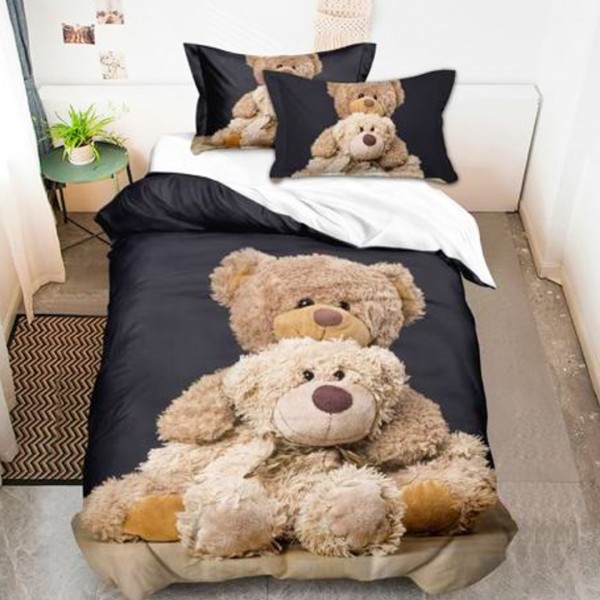 Lenjerie pat 1 PERSOANA (90x200cm, 100x200cm, 120x200cm), BUMBAC FINET, 4 piese, Identică cu Poza, Imprimeu Digital, Gri, Ursuleti [1]
