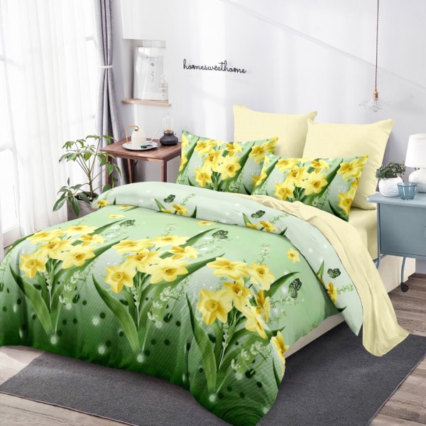 Lenjerie Pat Dublu (140x200cm, 160x200cm, 180x200cm), FINET, 6 piese, Verde, Bej, Narcise [1]
