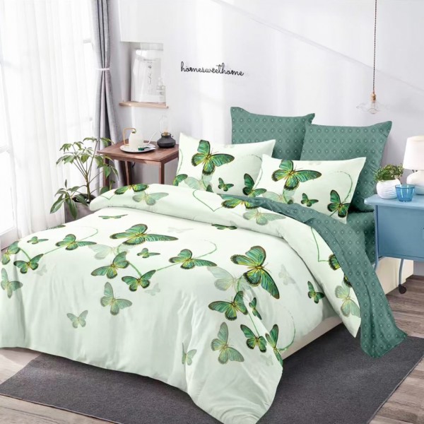 Lenjerie pat dublu (160x200cm, 180x200cm), FINET, cu Elastic, 6 piese, Vernil, Fluturi [1]