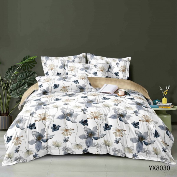 Lenjerie pat 140x200cm,  FINET, cu elastic, 4 piese, Alb, Gri, Bej, Flori [1]