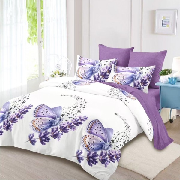 Lenjerie Pat Dublu (140x200cm, 160x200cm, 180x200cm), FINET, 6 piese, Alb, Mov, Lavanda, Fluturi [1]