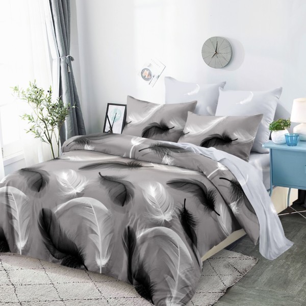 Lenjerie pat dublu (160x200cm, 180x200cm), FINET, cu Elastic, 6 piese, Gri, Pene [1]