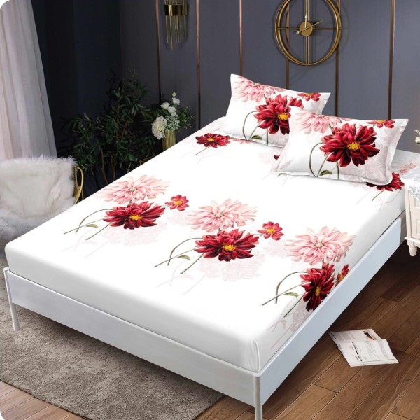 Cearsaf cu elastic, Bumbac FINET, 160x200cm, 2 fete de perne 50x70cm, Alb, Rosu, Crizanteme [1]