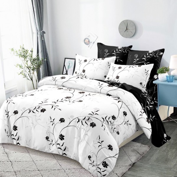 Lenjerie pat dublu (160x200cm, 180x200cm), FINET, cu Elastic, 6 piese, Gri, Negru, Flori [1]