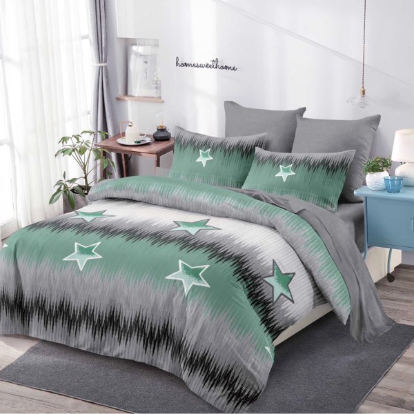 Lenjerie Pat Dublu (140x200cm, 160x200cm, 180x200cm), FINET, 6 piese, Gri, Verde, Stelute [1]