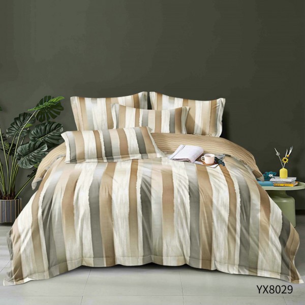 Lenjerie pat 140x200cm,  FINET, cu elastic, 4 piese, Bej, Gri, Dungi [1]