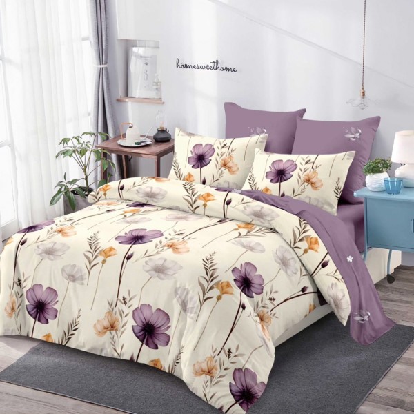Lenjerie Pat Dublu (140x200cm, 160x200cm, 180x200cm), FINET, 6 piese, Crem, Mov, Flori [1]