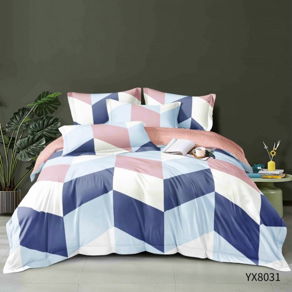 Lenjerie pat 140x200cm,  FINET, cu elastic, 4 piese, Albastru, Alb, Roz, Forme Geometrice [1]