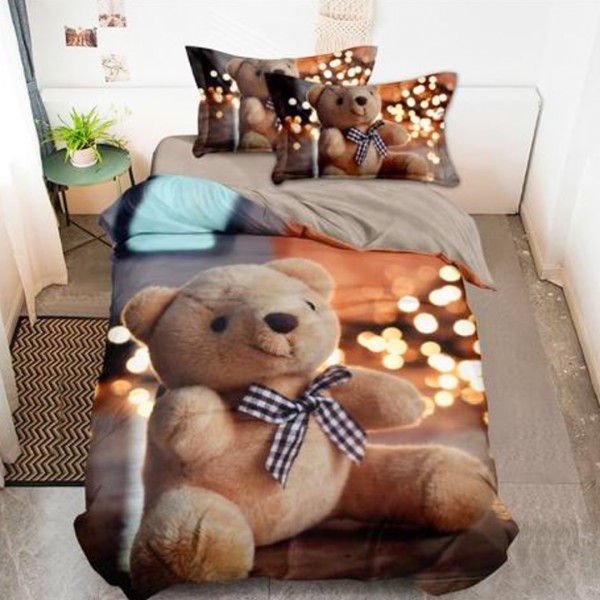 Lenjerie pat 1 PERSOANA (90x200cm, 100x200cm, 120x200cm), BUMBAC FINET, 4 piese, Identică cu Poza, Imprimeu Digital, Bej, Ursulet, Luminite [1]