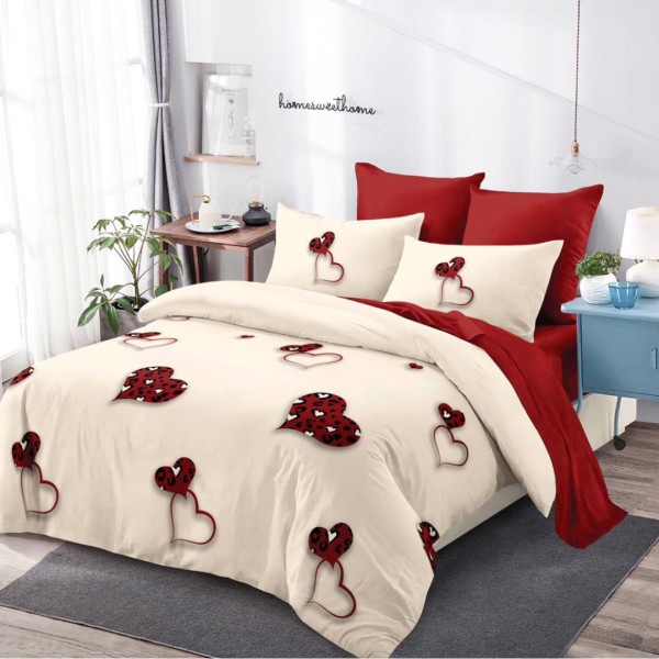 Lenjerie Pat Dublu (140x200cm, 160x200cm, 180x200cm), FINET, 6 piese, Bej, Roșu, Inimioare [1]