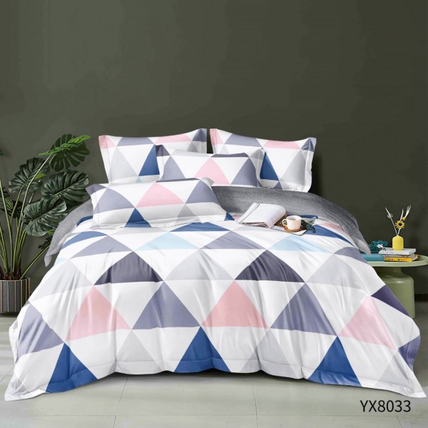 Lenjerie pat 140x200cm,  FINET, cu elastic, 4 piese, Albastru, Bleu, Gri, Roz, Triunghiuri [1]