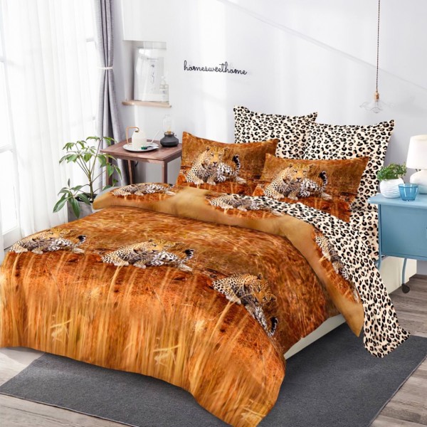 Lenjerie Pat Dublu (140x200cm, 160x200cm, 180x200cm), FINET, 6 piese, Bej, Maro, Leoparzi in Savana [1]