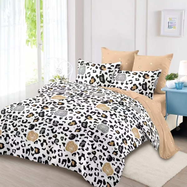 Lenjerie pat dublu (160x200cm, 180x200cm), FINET, cu Elastic, 6 piese, Bej, Negru, Animal Print [1]