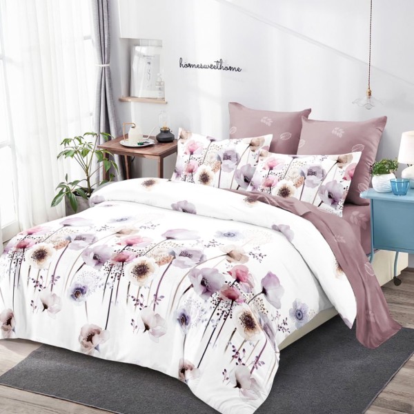 Lenjerie pat dublu (160x200cm, 180x200cm), FINET, cu Elastic, 6 piese, Alb, Movuriu, Flori [1]