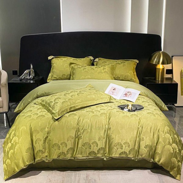 Lenjerie de Pat Dublu (140x200cm, 160x200cm, 180x200cm), Jacquard Finetat, 6 Piese, Luciu Satinat Rafinat și Confort Premium, Verde Olive, Frunze [1]