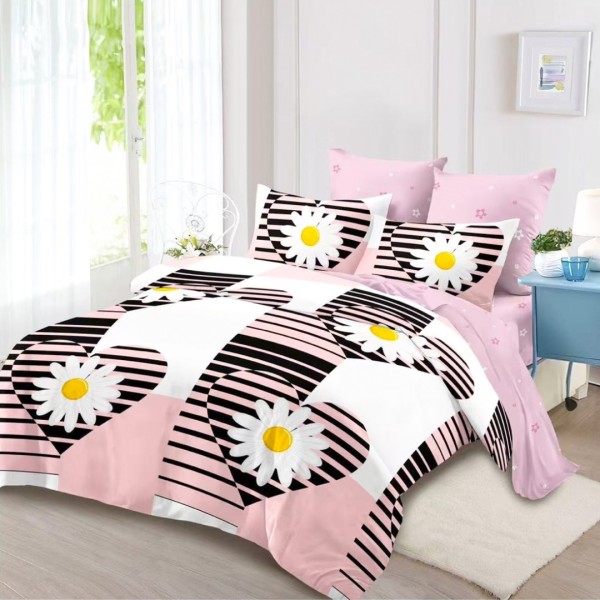 Lenjerie Pat Dublu (140x200cm, 160x200cm, 180x200cm), FINET, 6 piese, Roz, Alb, Negru, Inimioare, Margarete, Dungi [1]