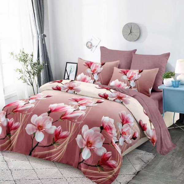 Lenjerie pat dublu (160x200cm, 180x200cm), FINET, cu Elastic, 6 piese, Roz, Magnolii [1]