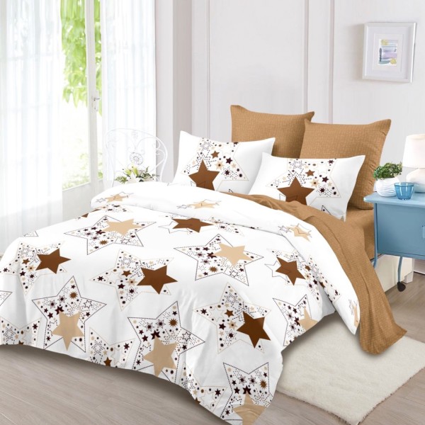 Lenjerie pat dublu (160x200cm, 180x200cm), FINET, cu Elastic, 6 piese, Gri, Bej, Stelute [1]