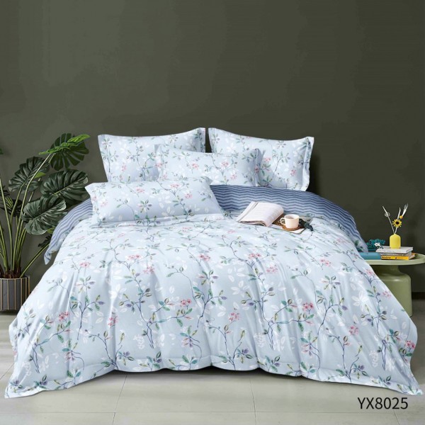 Lenjerie pat 140x200cm,  FINET, cu elastic, 4 piese, Bleu, Floricele [1]