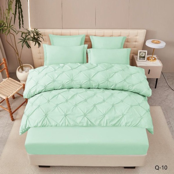 Lenjerie de Pat Premium(160x200cm, 180x200cm), Bumbac Finet, cu ELASTIC, Pliuri Brodate cu Volanase, 6 Piese, Nesifonabilă și Durabilă, Vernil [1]