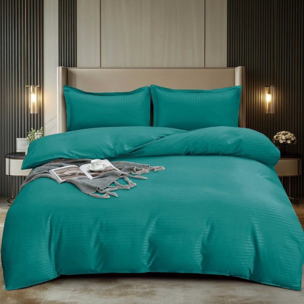 Lenjerie HoReCa, pat dublu, Damasc Finetat Deluxe cu Elastic, 4 piese, Pucioasa, Turcuaz [1]