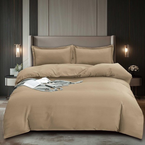 Lenjerie HoReCa, pat dublu, Damasc Finetat Deluxe cu Elastic, 4 piese, Pucioasa, Bej [1]