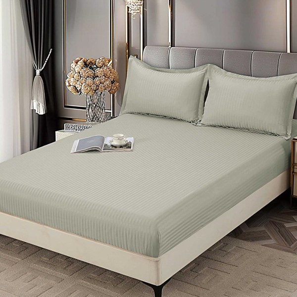 Cearsaf cu Elastic 180x200 cm Damasc Finetat, 70% Bumbac, si 2 Fete de Perna 50x70 cm, Grej [1]