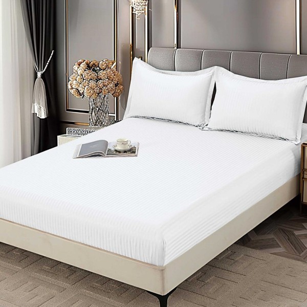 Cearsaf cu Elastic 180x200 cm Damasc Finetat, 70% Bumbac, si 2 Fete de Perna 50x70 cm, Alb [1]