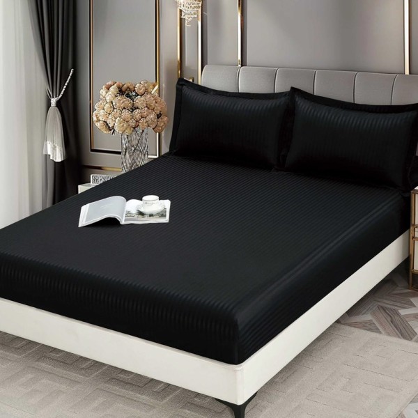 Cearsaf cu Elastic 180x200 cm Damasc Finetat, 70% Bumbac, si 2 Fete de Perna 50x70 cm, Negru [1]