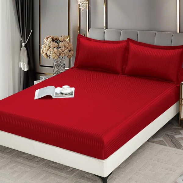 Cearsaf cu Elastic 180x200 cm Damasc Finetat, 70% Bumbac, si 2 Fete de Perna 50x70 cm, Rosu [1]