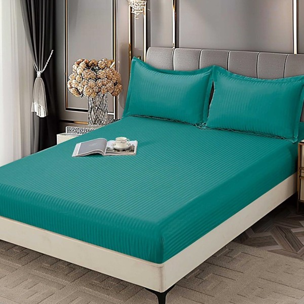 Cearsaf cu Elastic 180x200 cm Damasc Finetat, 70% Bumbac, si 2 Fete de Perna 50x70 cm, Turcuaz [1]