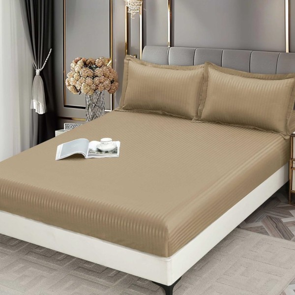 Cearsaf cu Elastic 180x200 cm Damasc Finetat, 70% Bumbac, si 2 Fete de Perna 50x70 cm, Bej [1]