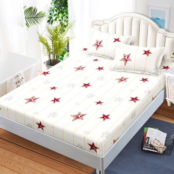 Cearsaf cu elastic, Bumbac FINET, 160x200cm, 2 fete de perne 50x70cm, Crem, Rosu, Stelute [1]