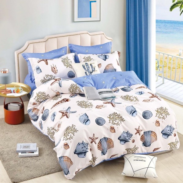Lenjerie pat dublu, FINET, 6 piese, cu ELASTIC, Jojo Home, Crem, Bleu, Scoici si Melci [1]