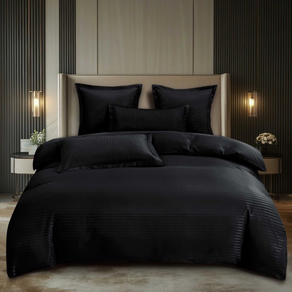 Lenjerie HoReCa, pat dublu, Damasc Finetat Deluxe cu Elastic, 6 piese, Pucioasa, Negru [1]