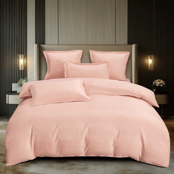 Lenjerie HoReCa, pat dublu, Damasc Finetat Deluxe cu Elastic, 6 piese, Pucioasa, Roz deschis [1]