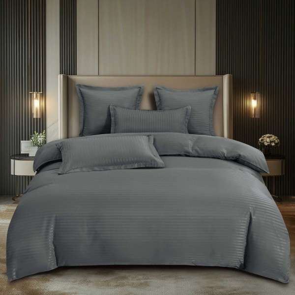 Lenjerie HoReCa, pat dublu, Damasc Finetat Deluxe cu Elastic, 6 piese, Pucioasa, Gri inchis [1]