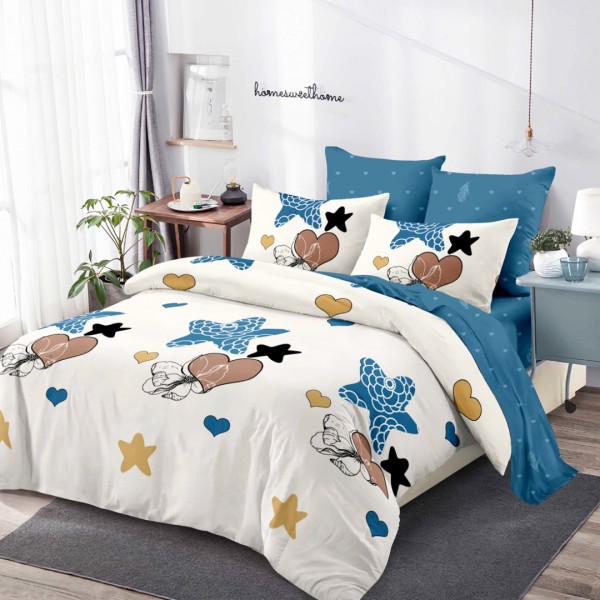 Lenjerie pat dublu,  FINET, cu elastic, 6 piese, Crem, Bleu, Fluturi, Flori, Inimioare [1]