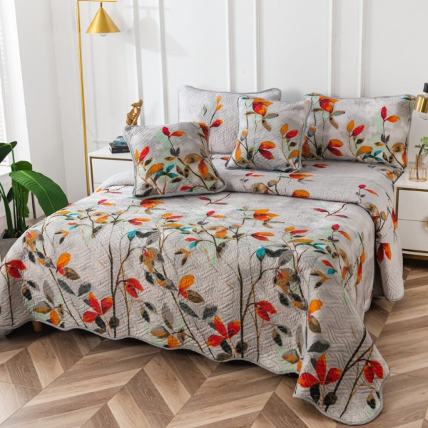 Cuvertura Pat Dublu, Bumbac Matlasat, 230x250 cm, 2 fete de perna 60x80cm, 2 fete de perna 55x55cm, Gri, Frunze [1]