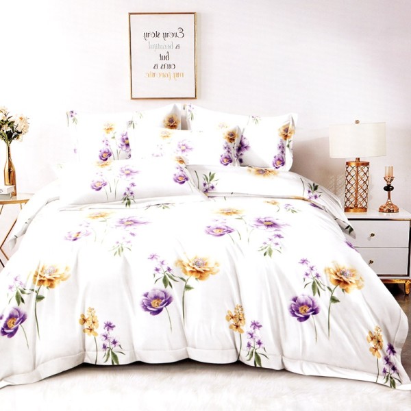 Lenjerie pat dublu, FINET Satinat, 6 piese, Alb, Floricele [1]