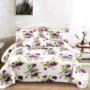 Lenjerie pat dublu, FINET Satinat, 6 piese, Alb, Mov, flori Lenjerie pat dublu, FINET Satinat, 6 piese, Alb, Mov, flori