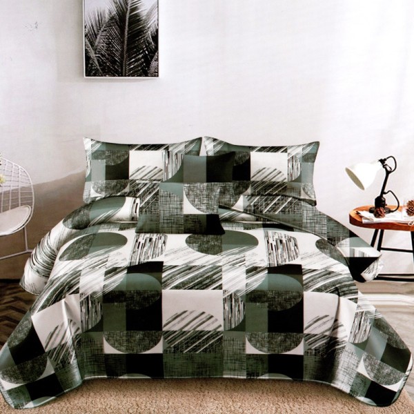 Lenjerie pat dublu, FINET Satinat, 6 piese, Gri, Verde, Forme Geometrice [1]