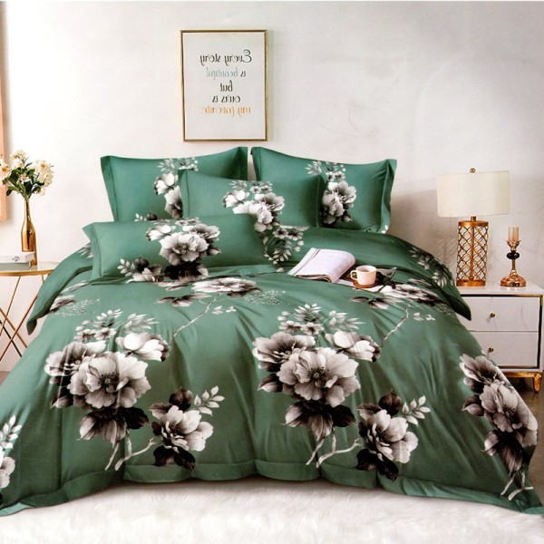 Lenjerie pat dublu, FINET Satinat, 6 piese, Verde, Flori Gri [1]
