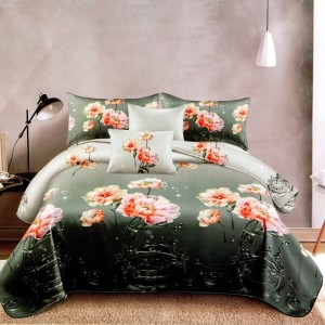 Lenjerie pat dublu, FINET Satinat, 6 piese, Verde, Flori Somon Lenjerie pat dublu, FINET Satinat, 6 piese, Verde, Flori Somon