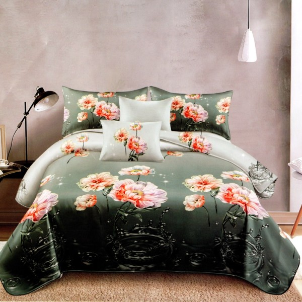 Lenjerie pat dublu, FINET Satinat, 6 piese, Verde, Flori Somon [1]